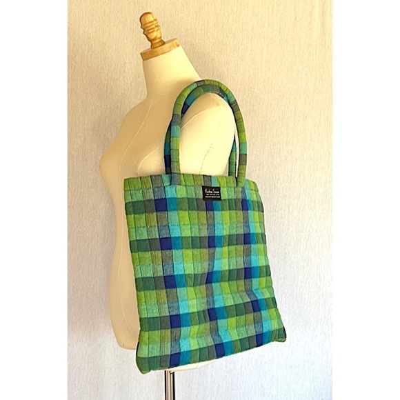 Barbara Samsoni Pure Cotton handmade blue green checkered tote shopping bag - Picture 3 of 5